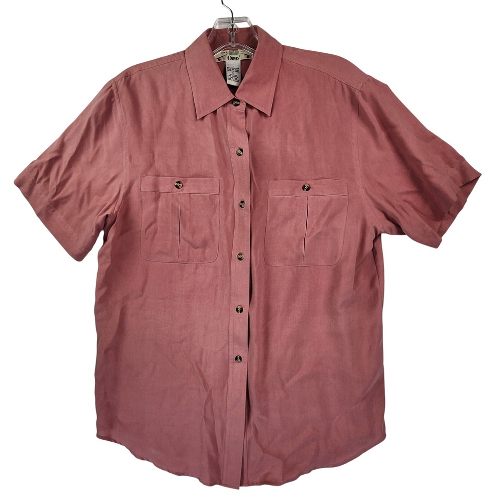 Orvis Medium Pink 100% Silk Short Sleeve Button Down Shirt Safari Utility Pocket